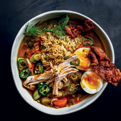 Asian Style Chicken Broth With Brown Rice And Soft Boiled Egg