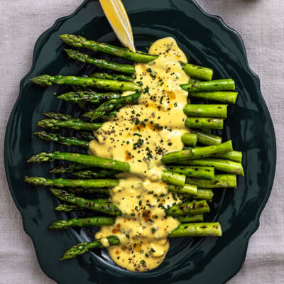 Charred asparagus with Gribiche sauce