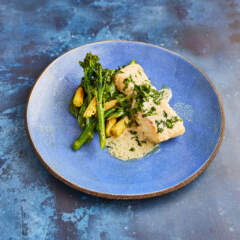 Creamy coconut hake with grilled seasonal vegetables