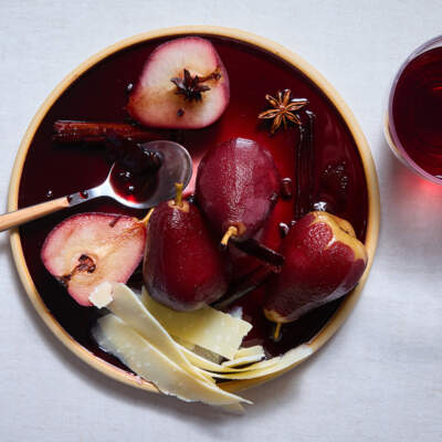 Red wine poached pears