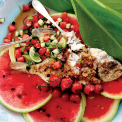 Grilled whole fish with watermelon salsa