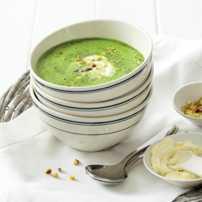 Chilled spinach soup with feta cream and pistachio