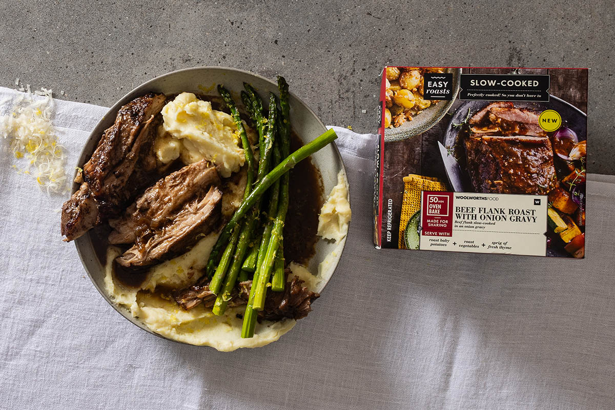 Beef flank with creamy mash and honeyed asparagus