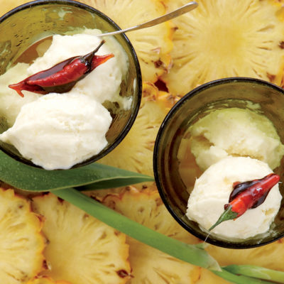 Pineapple, cumin and coconut ice cream with caramelised chilli