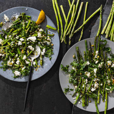 Charred asparagus salad with sheep’s-milk feta and pistachios