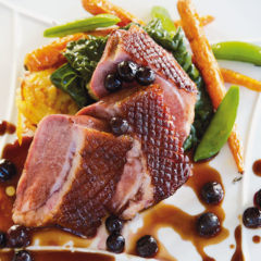 Zachary’s smoked organic duck breast with sweet potato rosti and blueberry verjuice sauce