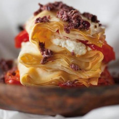 Goat’s cheese phyllo stack with crushed olives