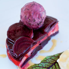 Beetroot and strawberry cake with sage, berry and beetroot sorbet