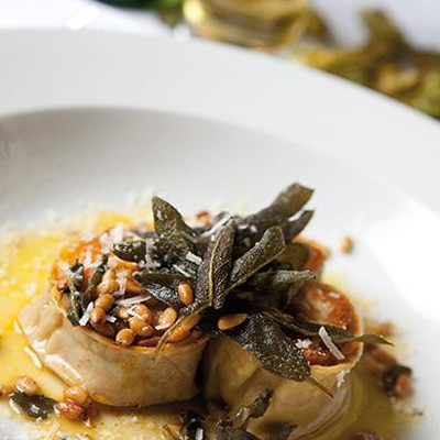 Caramelised butternut and goats’ cheese rotolo, crisp sage, pine nuts & Parmesan