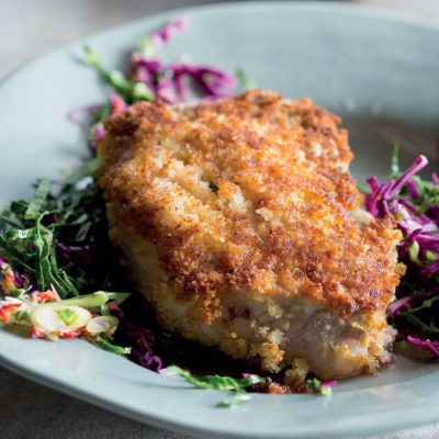 Crumbed pork loin chops with kimchi