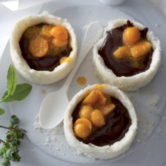 Coconut chocolate ganache tartlets with gooseberry coulis