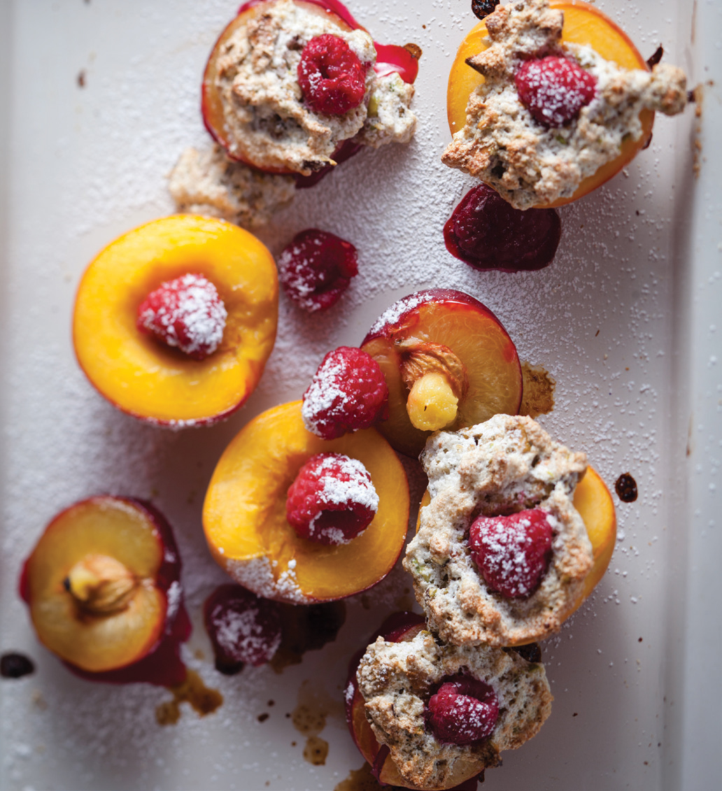 Roast peaches and plums with oats and pistachio meringue Woolworths TASTE