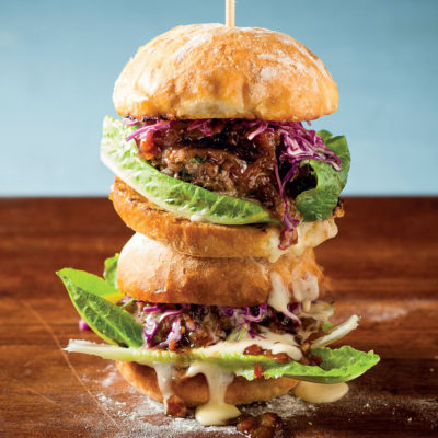 Beef burger with cabbage slaw and monkeygland sauce