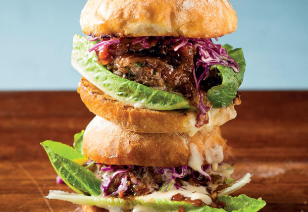 Beef burger with cabbage slaw and monkeygland sauce recipe