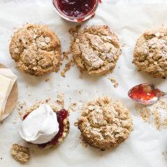 Buttermilk oat scones with strawberry jam and vanilla cream