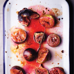 Roast figs in vanilla syrup with yoghurt mascarpone and salted pistachio sugar shards