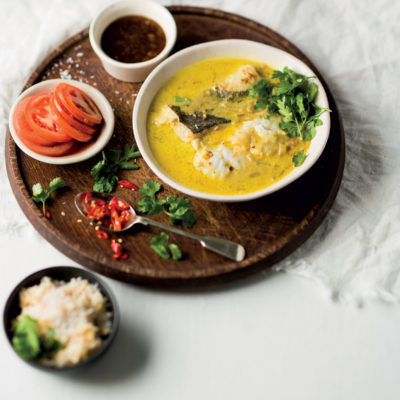 Coconut curry hake with lentil-rice