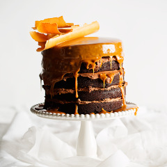 Milk stout-and-chocolate cake with butterscotch sauce, caramel chocolate shards and dark chocolate icing
