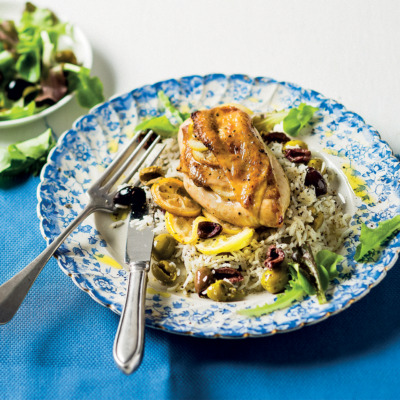 Lemon-grilled chicken with olive rice