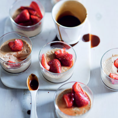 Coffee panna cotta with strawberries and Kahlua