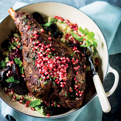 Harissa-roasted lamb with pomegranate and minted beetroot