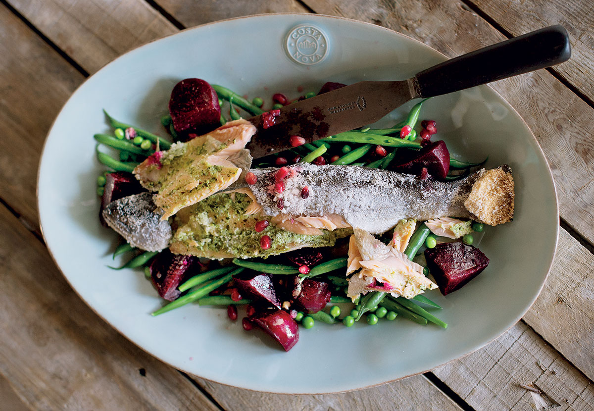 Pomegranate saltroasted trout with balsamic beets and greens