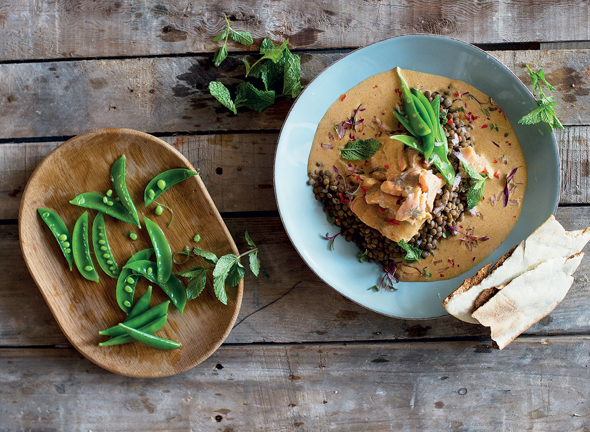 Trout poached in Thai red coconut curry with lentils Woolworths TASTE
