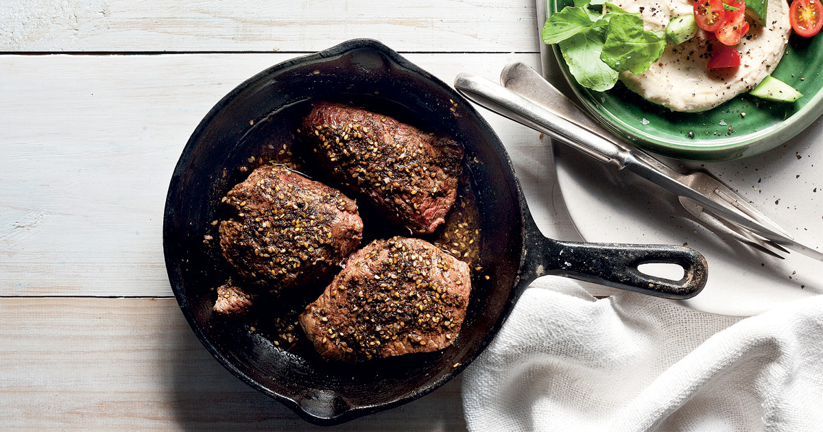 ZaatarSpiced Ostrich Steaks with Tahini Sauce Woolworths TASTE