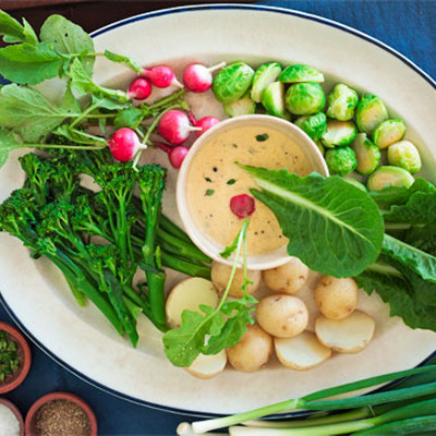 Winter vegetable platter with a hot creamy mustard dipping sauce