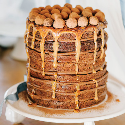 Eight layer mississippi mud cake with caramel drizzle and chocolate truffles