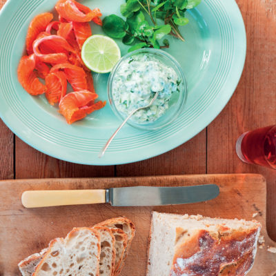 Trout gravlax with minted cucumber-and-yoghurt sauce