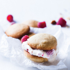 Peanut butter cookie and raspberry ice-cream sandwiches