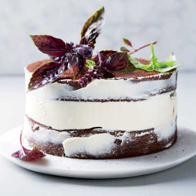 Easy naked chocolate and basil cake with cream cheese icing