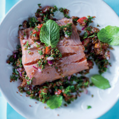 Rose-poached salmon on tabouleh salad