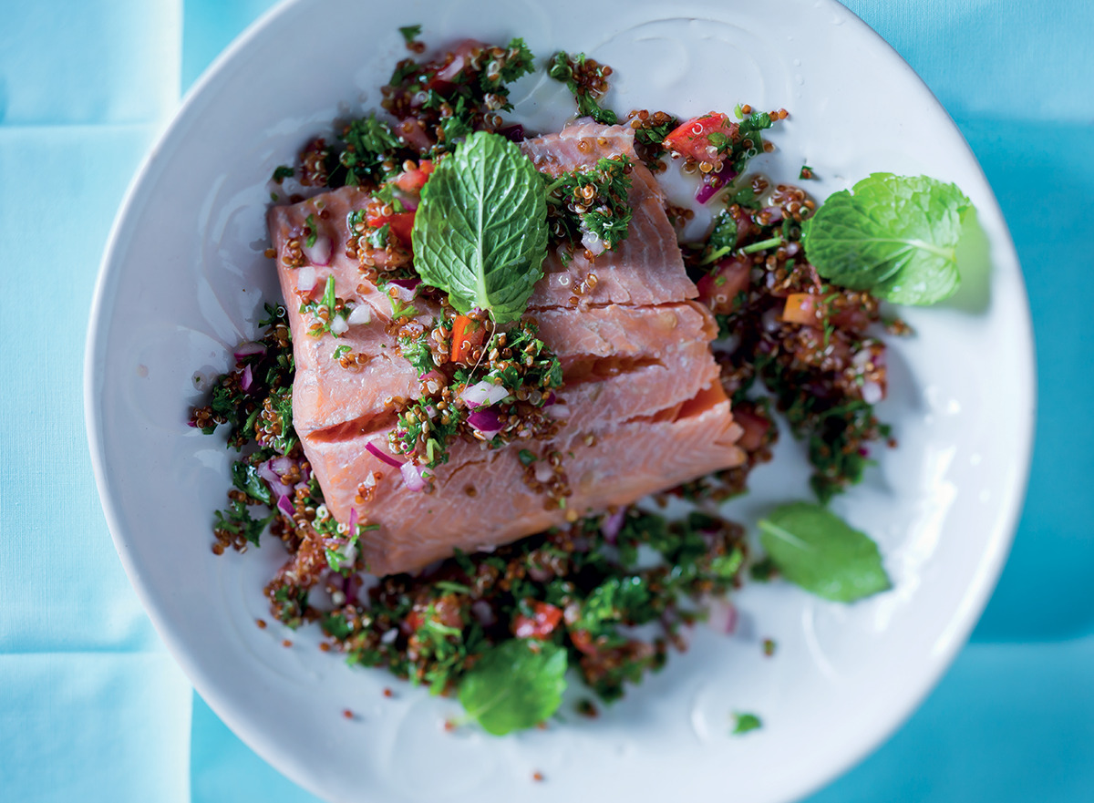 Rose-poached salmon on tabouleh salad | Woolworths TASTE