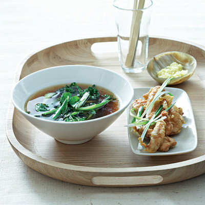 Asian-style chicken and vegetable broth with chicken tempura