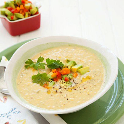 Avocado corn soup with red & yellow pepper