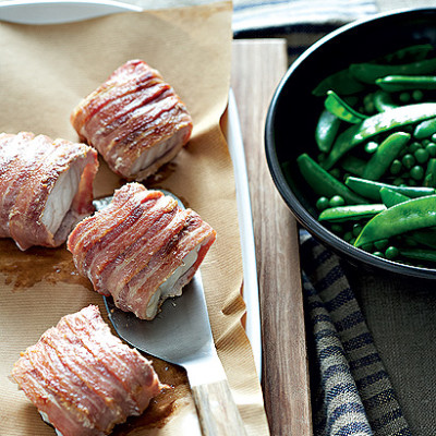 Bacon-wrapped yellowtail with steamed peas