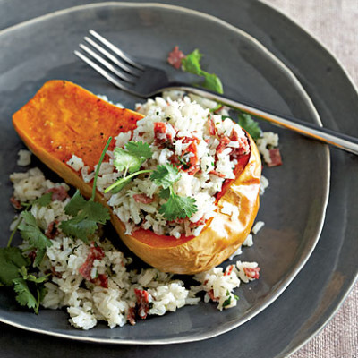 Baked butternut with chorizo-rice filling