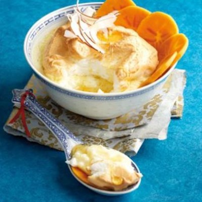 Baked coconut custard with soft meringue and persimmon