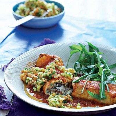 Baked fish-and-herb enchilada with fruity salsa
