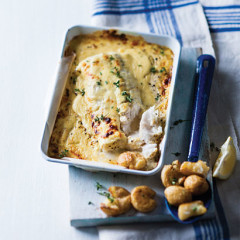 Baked fish with mustard cheese sauce
