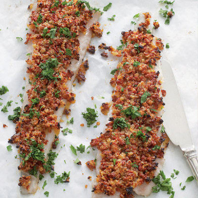 Baked hake with sundried tomato and parmesan crust