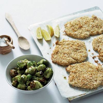 Baked nutty chicken with roast brussels sprouts | Woolworths TASTE
