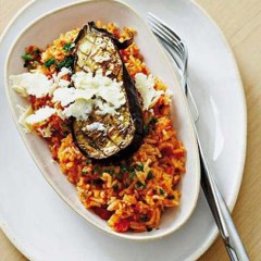 Baked organic brinjal with tomato rice