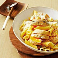 Baked organic butternut and chicken with corn pasta