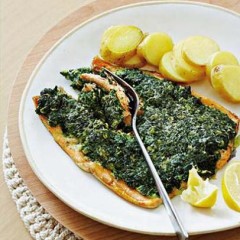 Baked organic spinach crusted trout