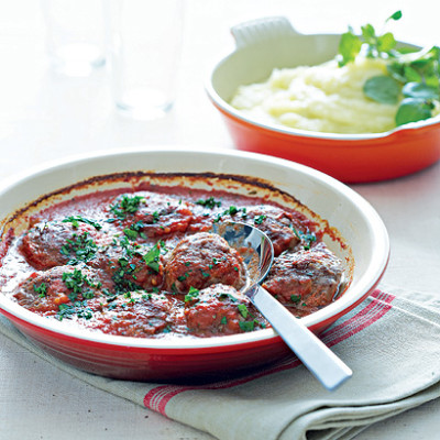 Baked ostrich meatballs with turnip, potato and celery mash
