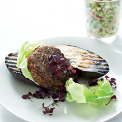 Beef-and-brinjal burgers with cucumber and mint tabbouleh