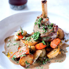 Beer-braised lamb shank and rosemary veloute
